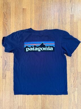 Patagonia Navy Tee with Multicolor Mountain Logo Medium